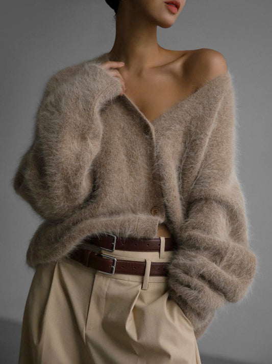 Loose V-Neck Button Cardigan - Knitted Sweater Top - lifestyle photo