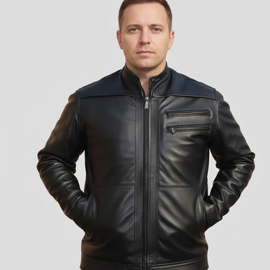 Casual black cowhide leather jacket front view