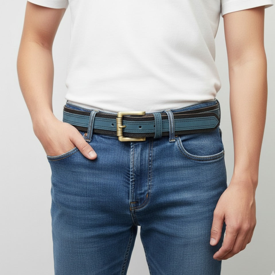 Men wearing blue and black leather belt with trousers