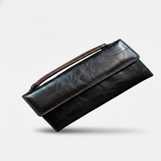 Stylish genuine leather clutch displayed