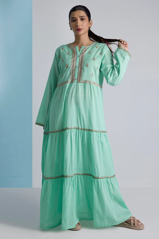 Women's Mint Green Check Cotton Maxi Tunic | Embroidered Border Trim | Tiered Hem