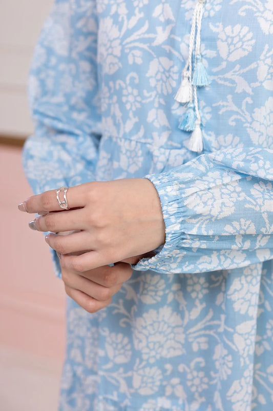 Women's Light Blue Floral Print Slub Lawn Maxi Tunic | Round Collar | Tiered Hem