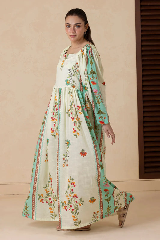 Women's Ivory Teal Striped Floral Border Print Cambric Maxi Tunic | Square Neck | Gathered Yoke