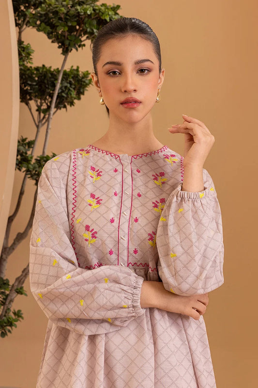 Women's Blush Check Hand-Embroidered Cotton Maxi Tunic | Floral Yoke | Tiered Hem