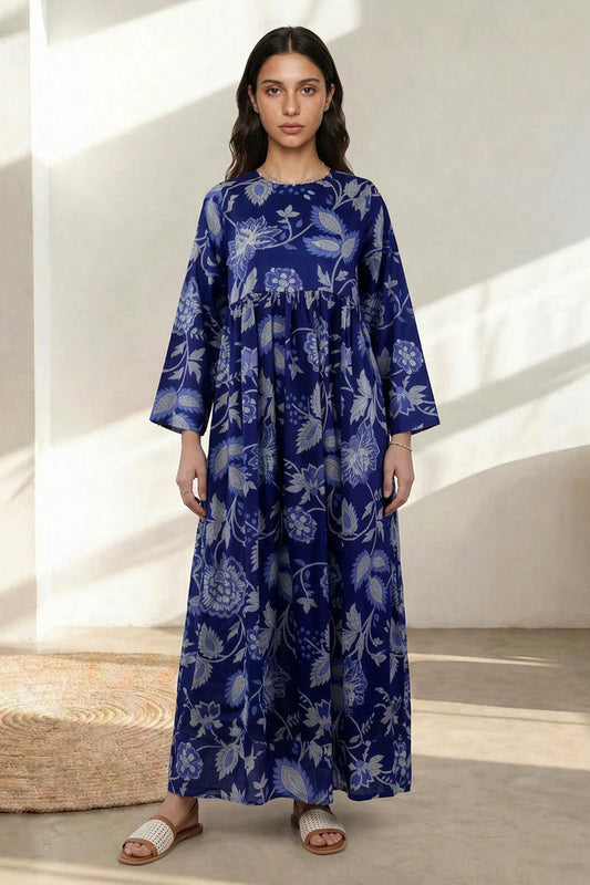 Women's Dusty Blue Floral Outline Print Cambric Maxi Tunic | Rope-Tie Neckline