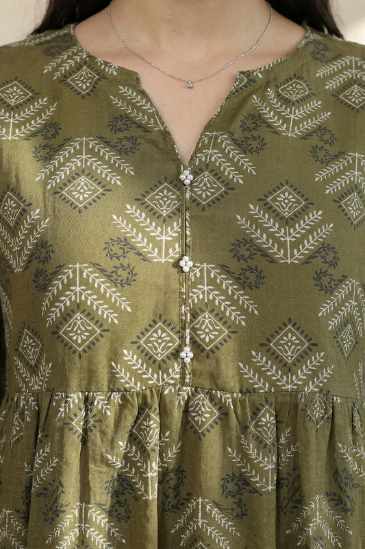 Women's Olive Khaki Diamond Print Cambric Maxi Tunic | Button Placket | Tiered Hem
