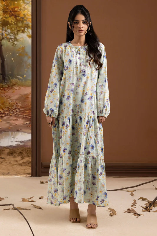 Women's Mint Lavender Floral Print Slub Lawn Maxi Tunic | Lace Trim Placket | Tiered Hem