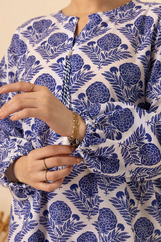 Women's Blue White Diamond Floral Print Slub Lawn Maxi Tunic | Zip-Tie Neckline | Tiered Hem