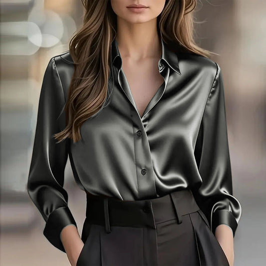 Elegant Satin Long Sleeve Blouse - Button-Up Collar Shirt - lifestyle photo