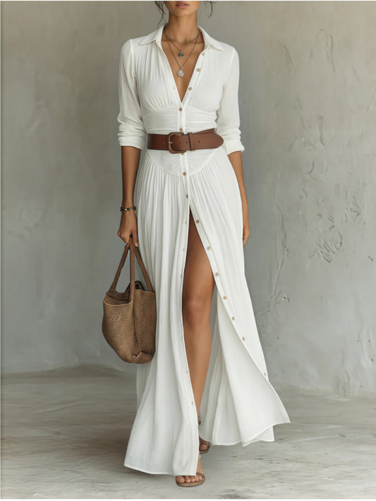 Casual V-Neck Maxi Dress - High Side Split, Loose Fit - lifestyle photo