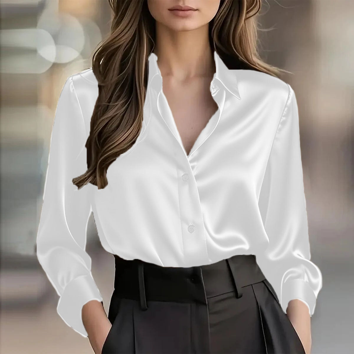 Elegant Satin Long Sleeve Blouse - Button-Up Collar Shirt - color options