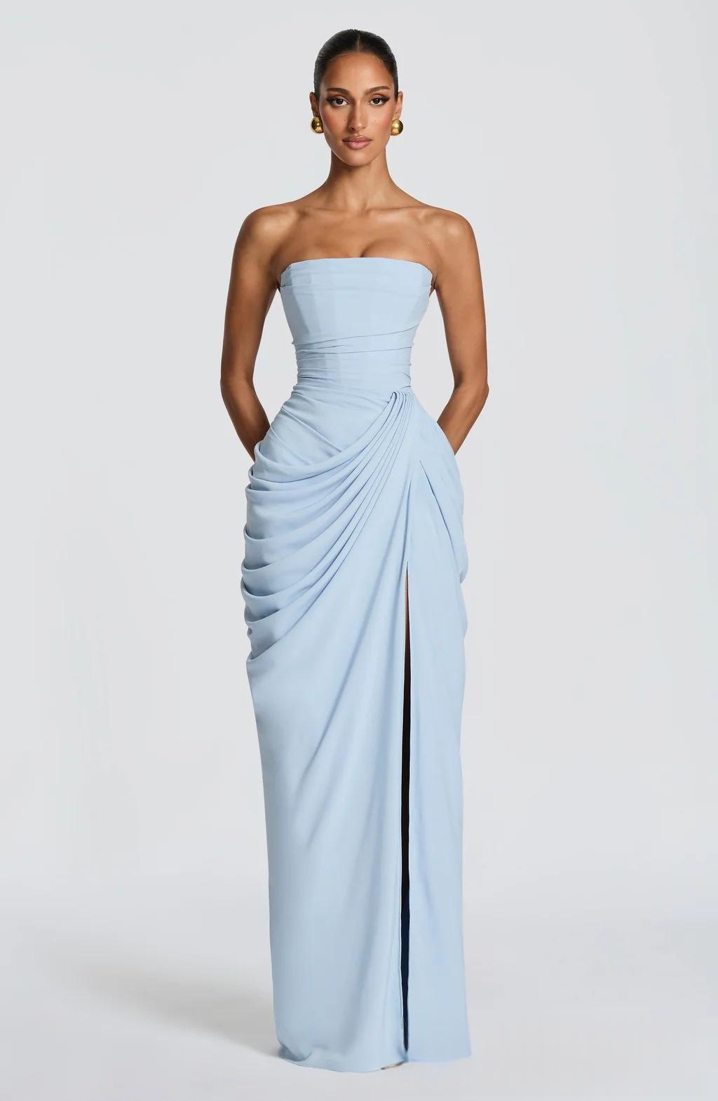 Strapless Pleated Slit Evening Gown - Elegant Party Dress - side view