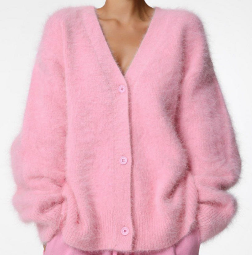 Loose V-Neck Button Cardigan - Knitted Sweater Top - in use