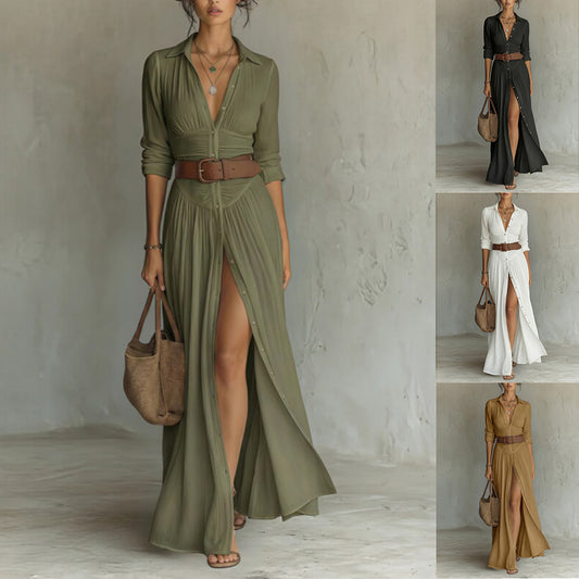 Casual V-Neck Maxi Dress - High Side Split, Loose Fit - Black - front view