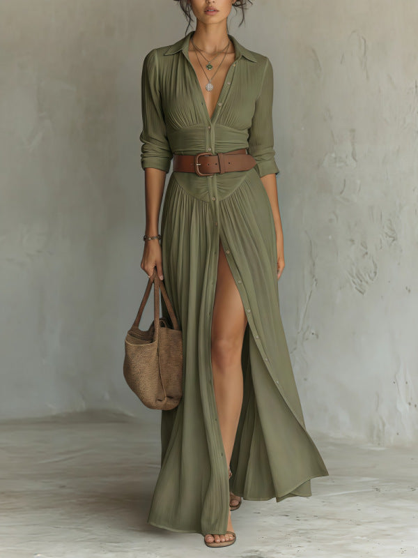 Casual V-Neck Maxi Dress - High Side Split, Loose Fit - back view