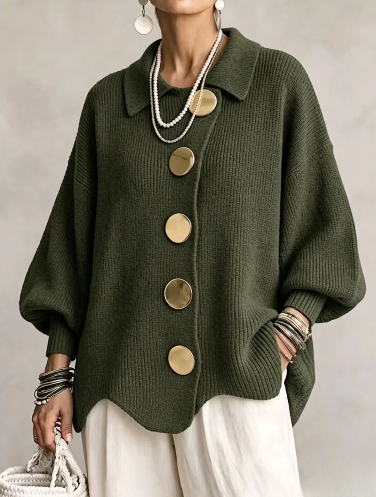 Button-Down Lapel Cardigan - Women's Fall Winter Sweater - close-up detail