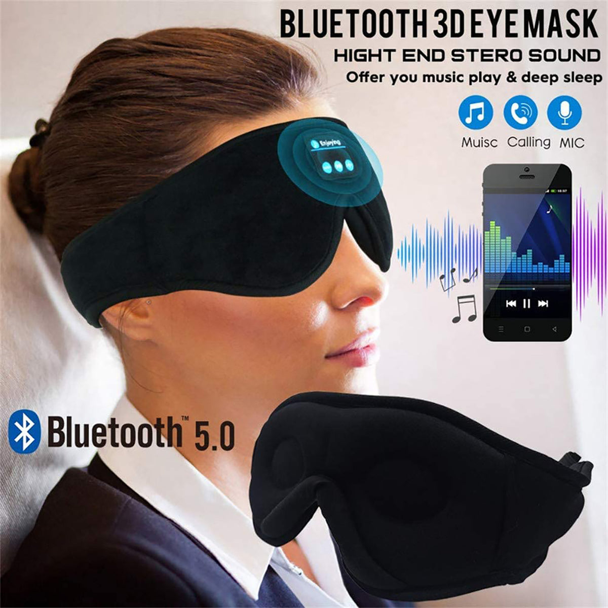 Bluetooth Sleep Mask with Speakers - Blackout Eye Mask - Black - front view