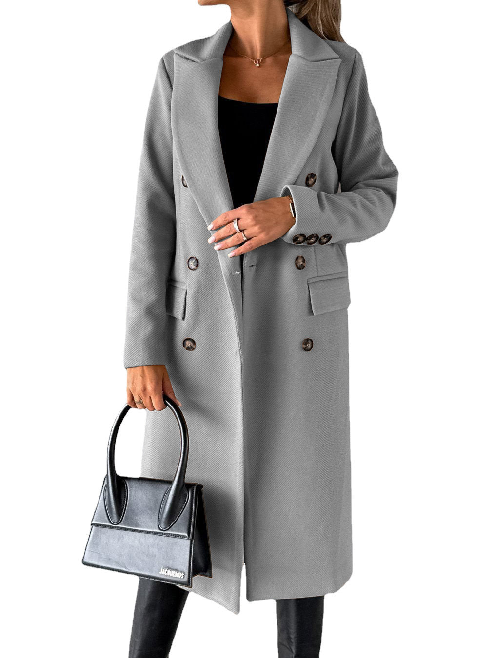 Double-Breasted Lapel Coat - Slim Long Winter Jacket - feature close-up