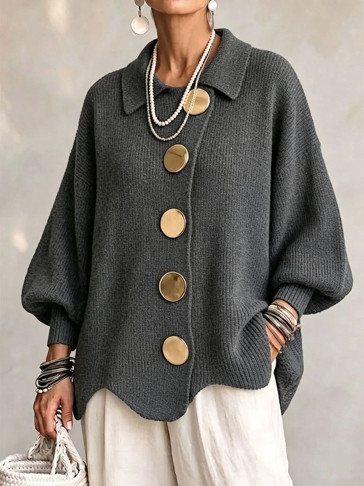 Button-Down Lapel Cardigan - Women's Fall Winter Sweater - lifestyle photo