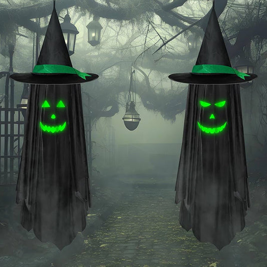Luminous Ghost Wizard Hat Door Hanging - Halloween Decor - Oblique Eye - front view