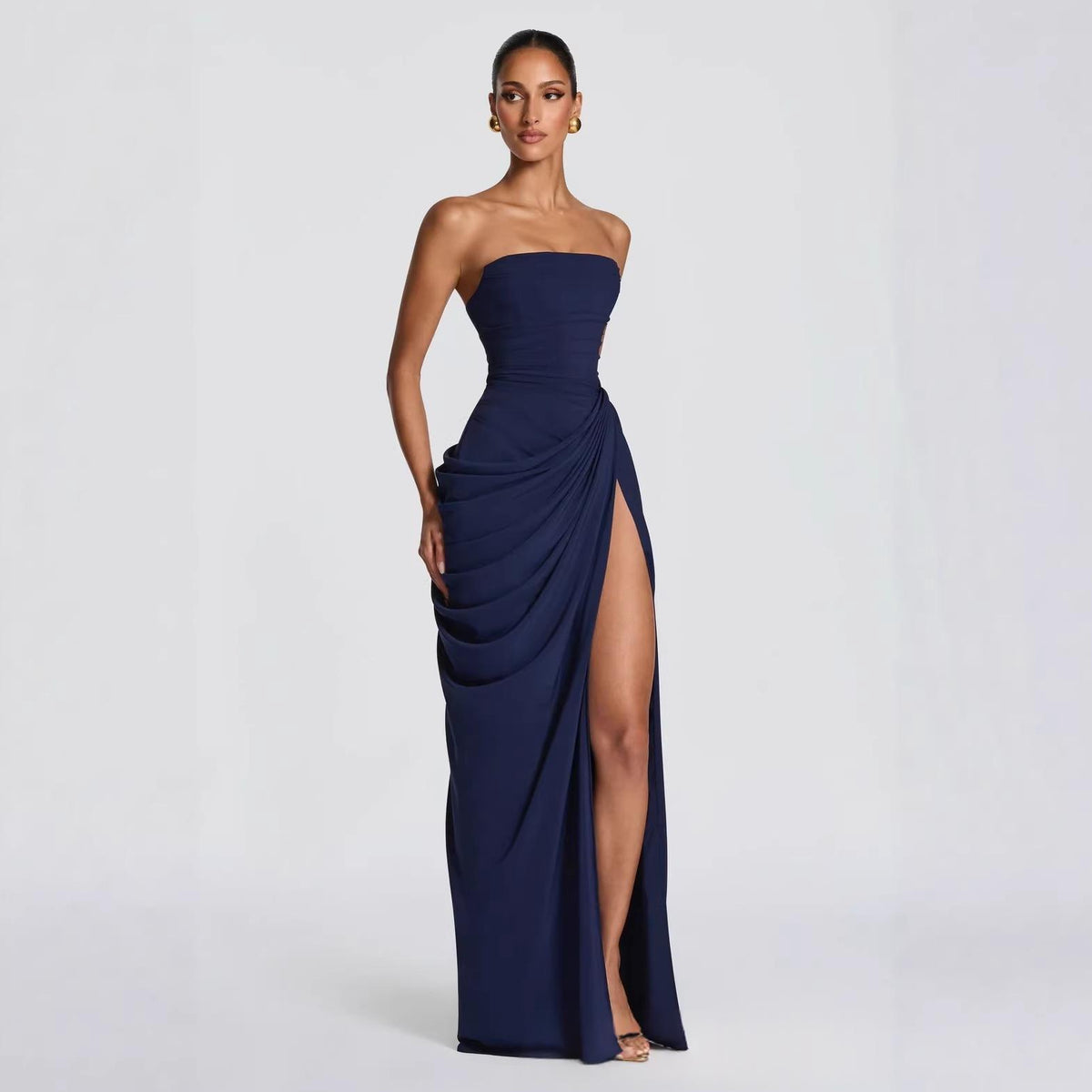 Strapless Pleated Slit Evening Gown - Elegant Party Dress - feature close-up