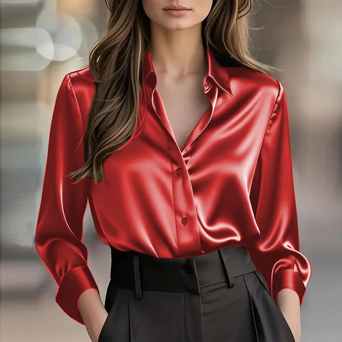 Elegant Satin Long Sleeve Blouse - Button-Up Collar Shirt - back view
