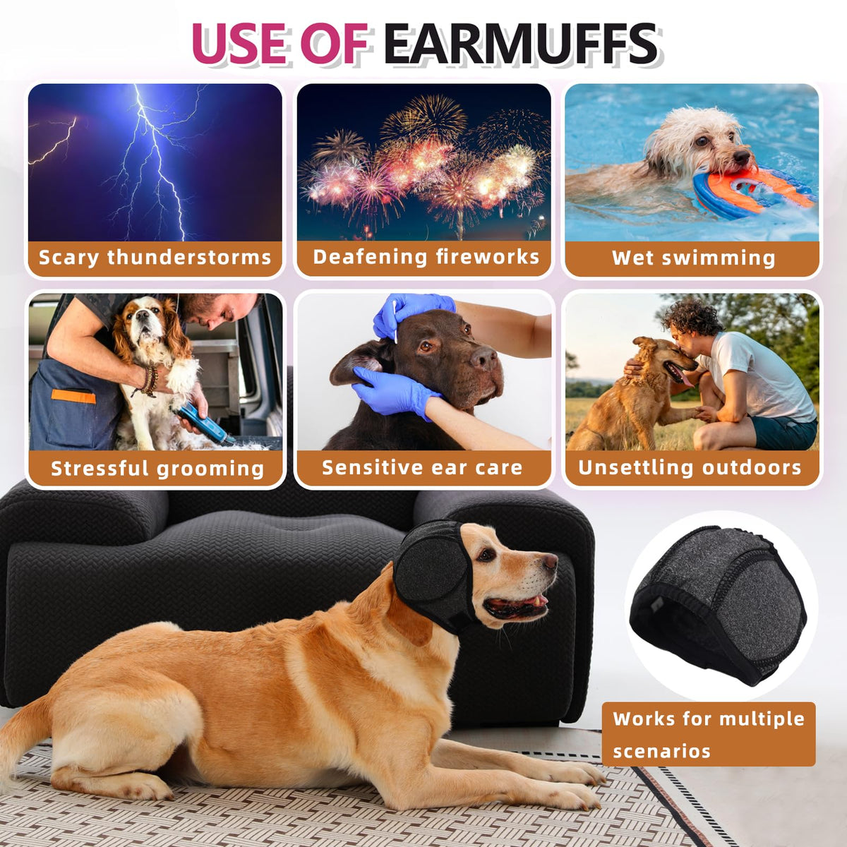 Dog Calming Ear Wrap - Waterproof Hood for Storms & Fireworks - size chart