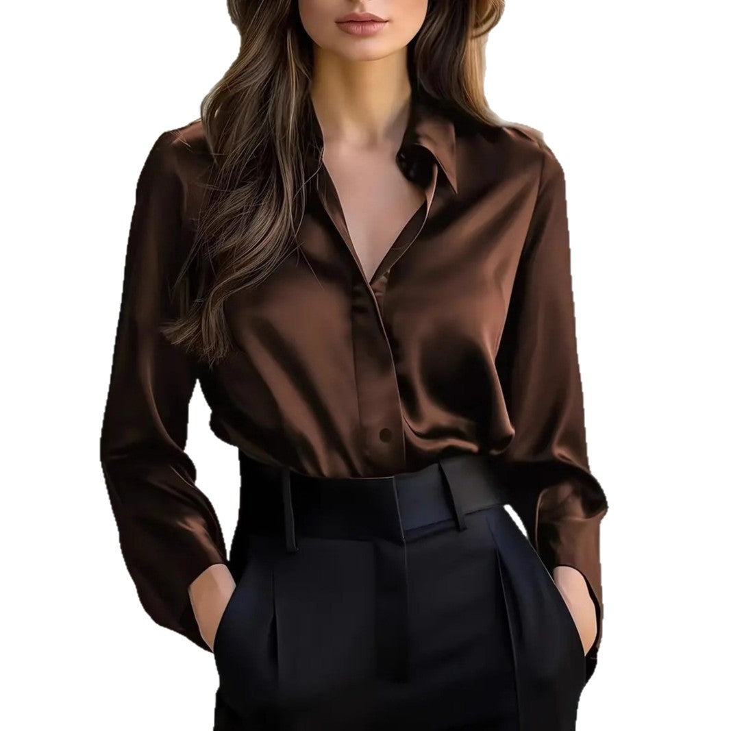 Elegant Satin Long Sleeve Blouse - Button-Up Collar Shirt - feature close-up