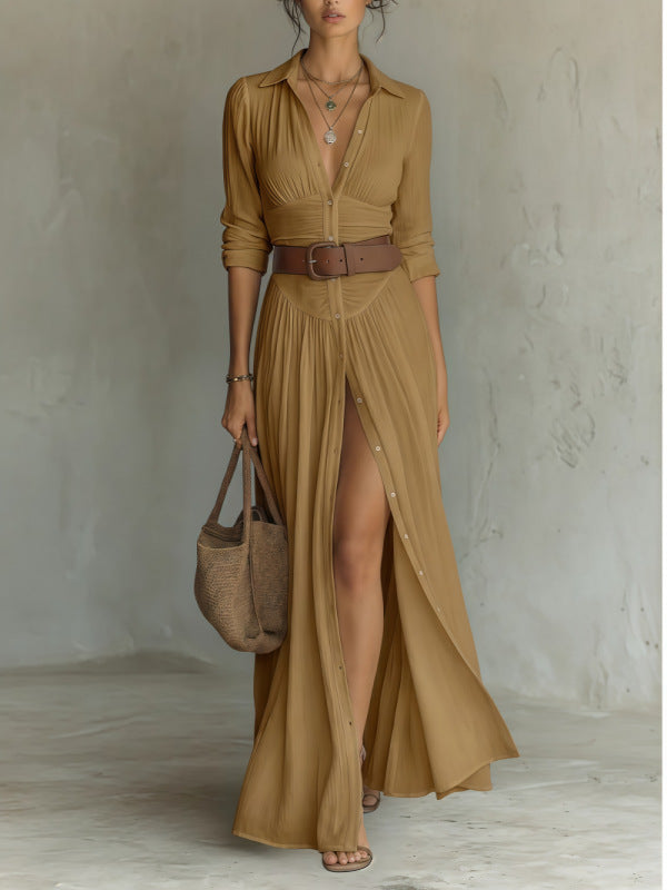 Casual V-Neck Maxi Dress - High Side Split, Loose Fit - in use
