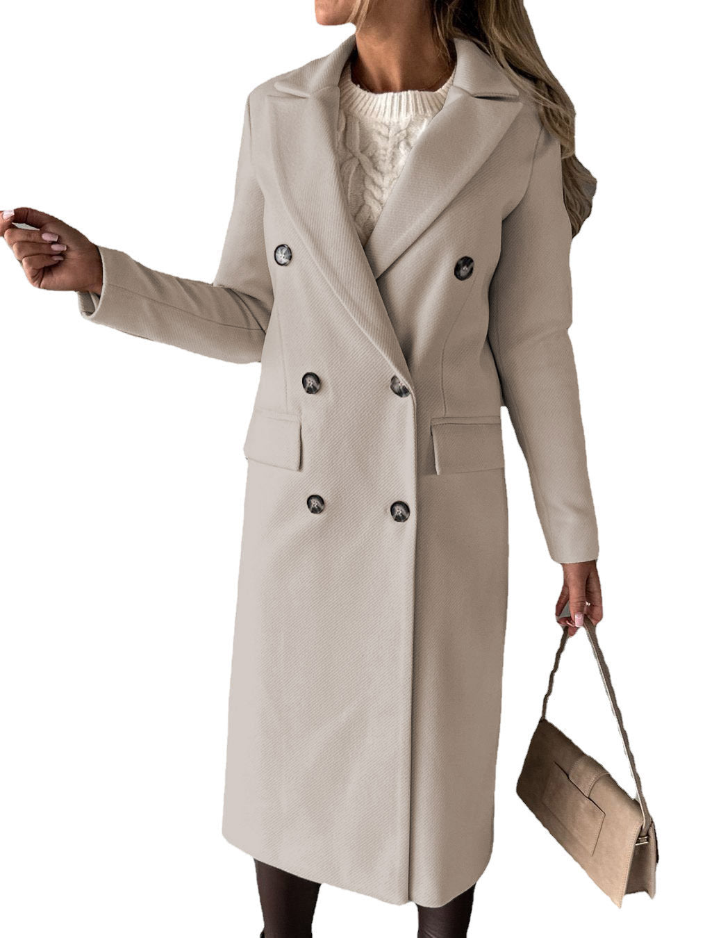 Double-Breasted Lapel Coat - Slim Long Winter Jacket - back view