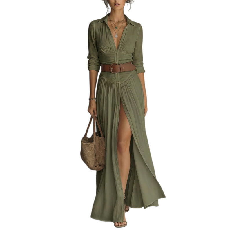 Casual V-Neck Maxi Dress - High Side Split, Loose Fit - size chart