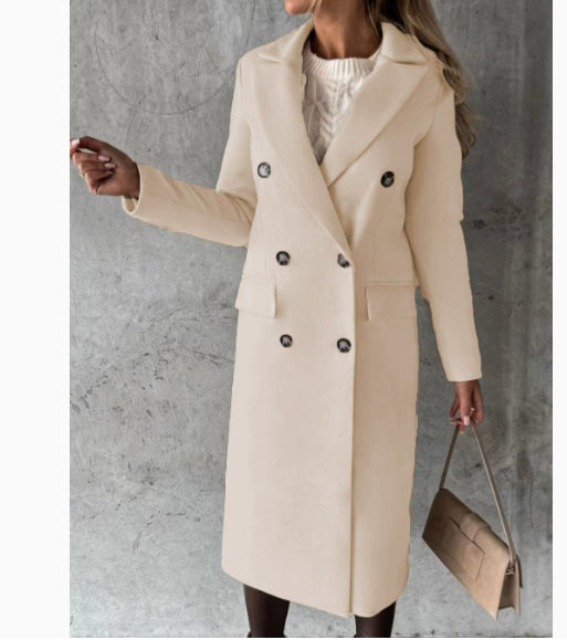 Double-Breasted Lapel Coat - Slim Long Winter Jacket - front view