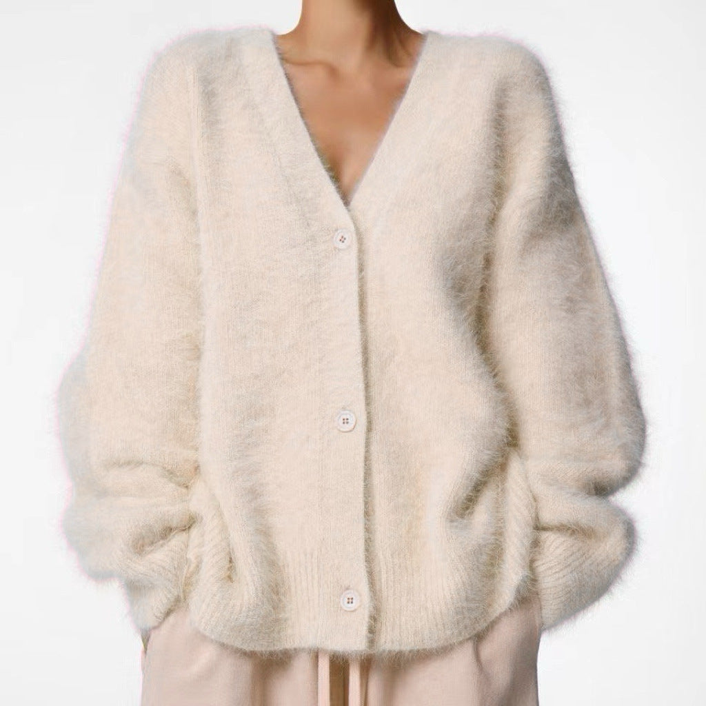 Loose V-Neck Button Cardigan - Knitted Sweater Top - front view