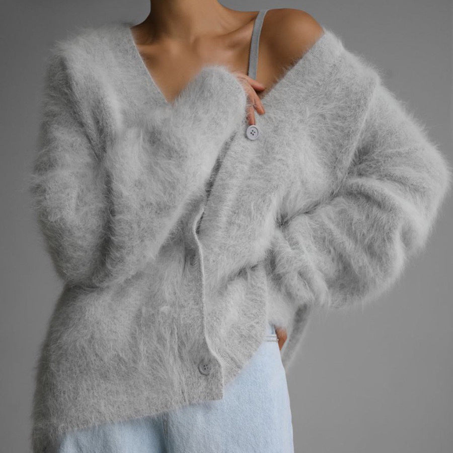 Loose V-Neck Button Cardigan - Knitted Sweater Top - feature close-up