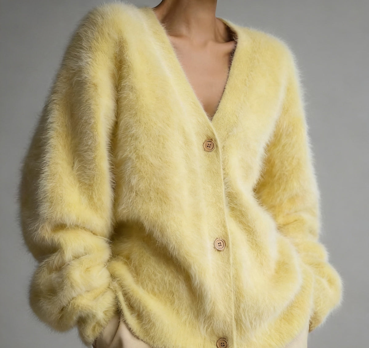 Loose V-Neck Button Cardigan - Knitted Sweater Top - close-up detail