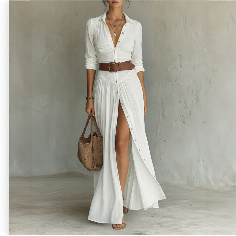 Casual V-Neck Maxi Dress - High Side Split, Loose Fit - side view