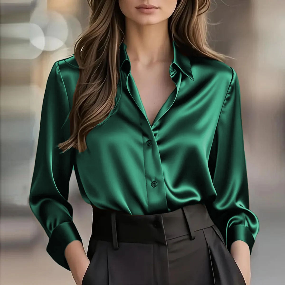 Elegant Satin Long Sleeve Blouse - Button-Up Collar Shirt - close-up detail