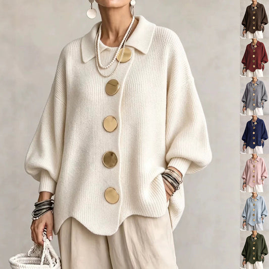 Button-Down Lapel Cardigan - Women's Fall Winter Sweater - Apricot - front view