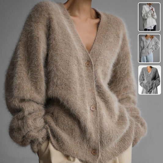Loose V-Neck Button Cardigan - Knitted Sweater Top - Apricot - front view