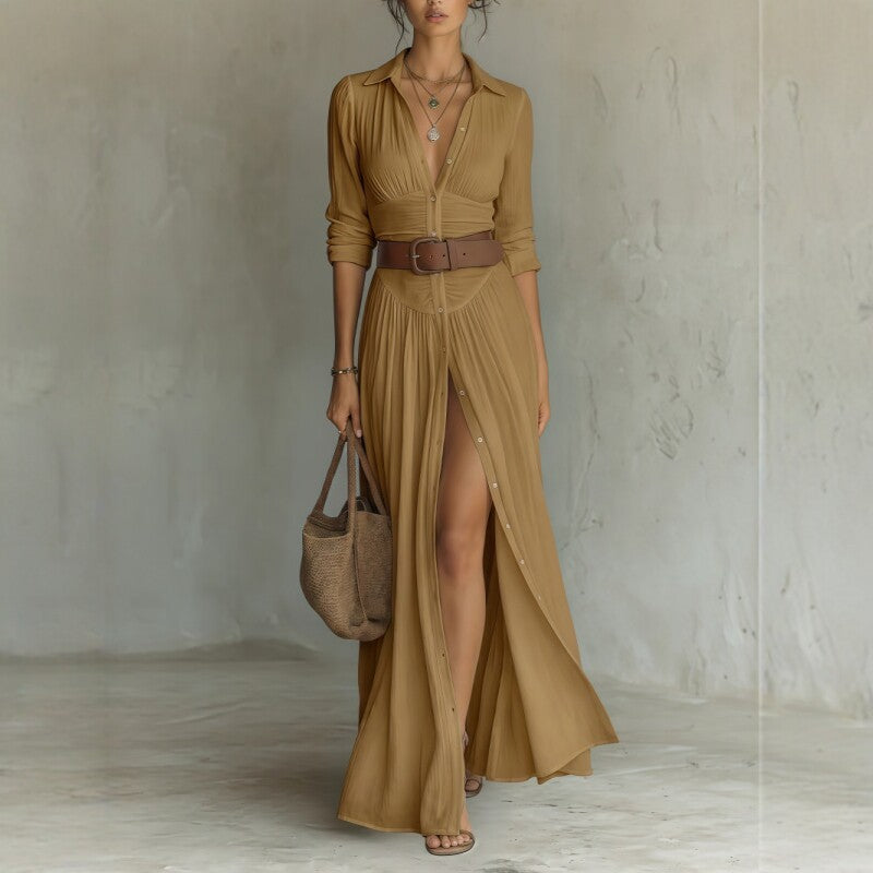 Casual V-Neck Maxi Dress - High Side Split, Loose Fit - feature close-up