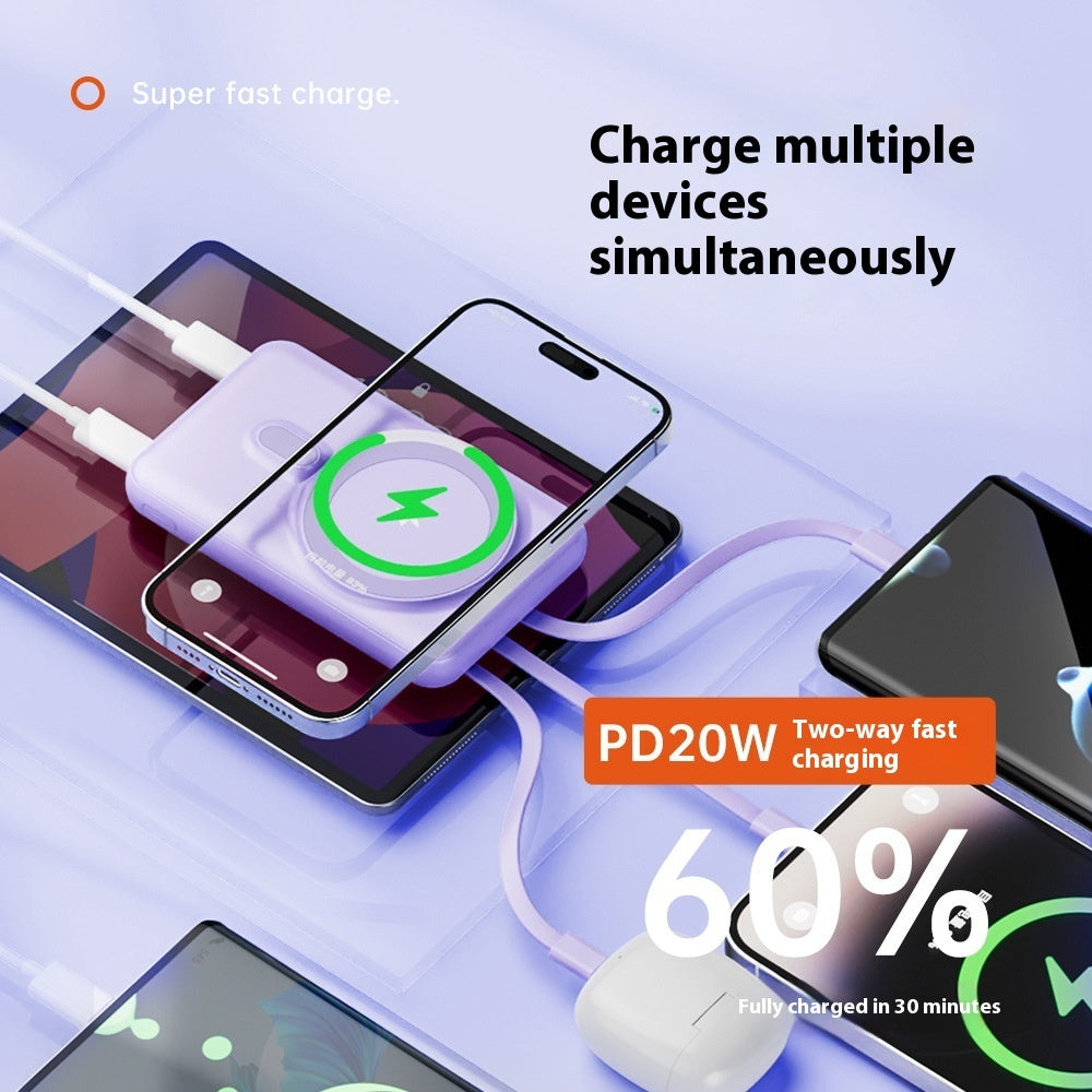Magnetic Wireless Power Bank with Built-In Cable - side view