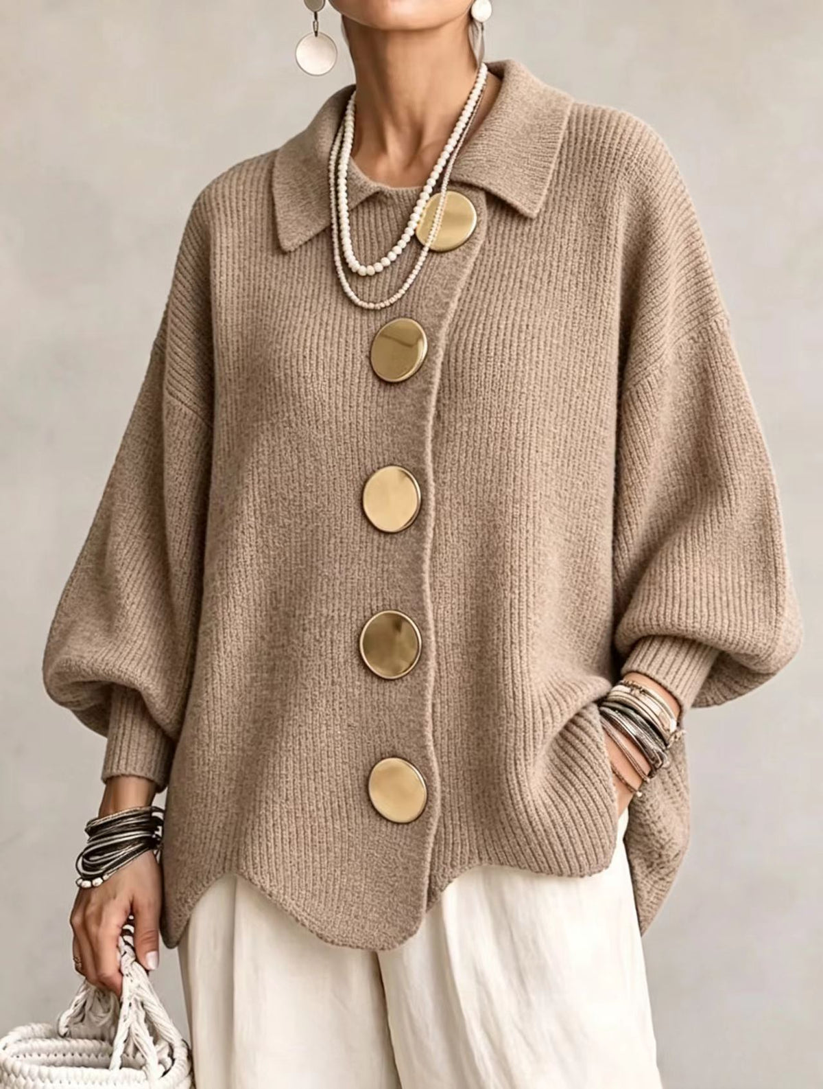Button-Down Lapel Cardigan - Women's Fall Winter Sweater - lifestyle photo
