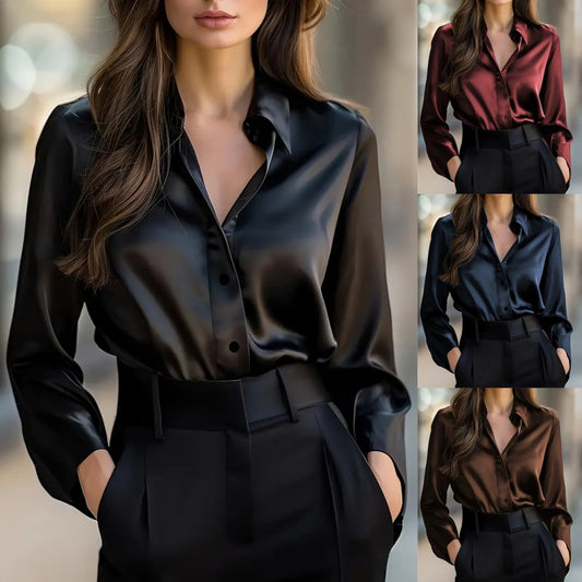 Elegant Satin Long Sleeve Blouse - Button-Up Collar Shirt - Black - front view