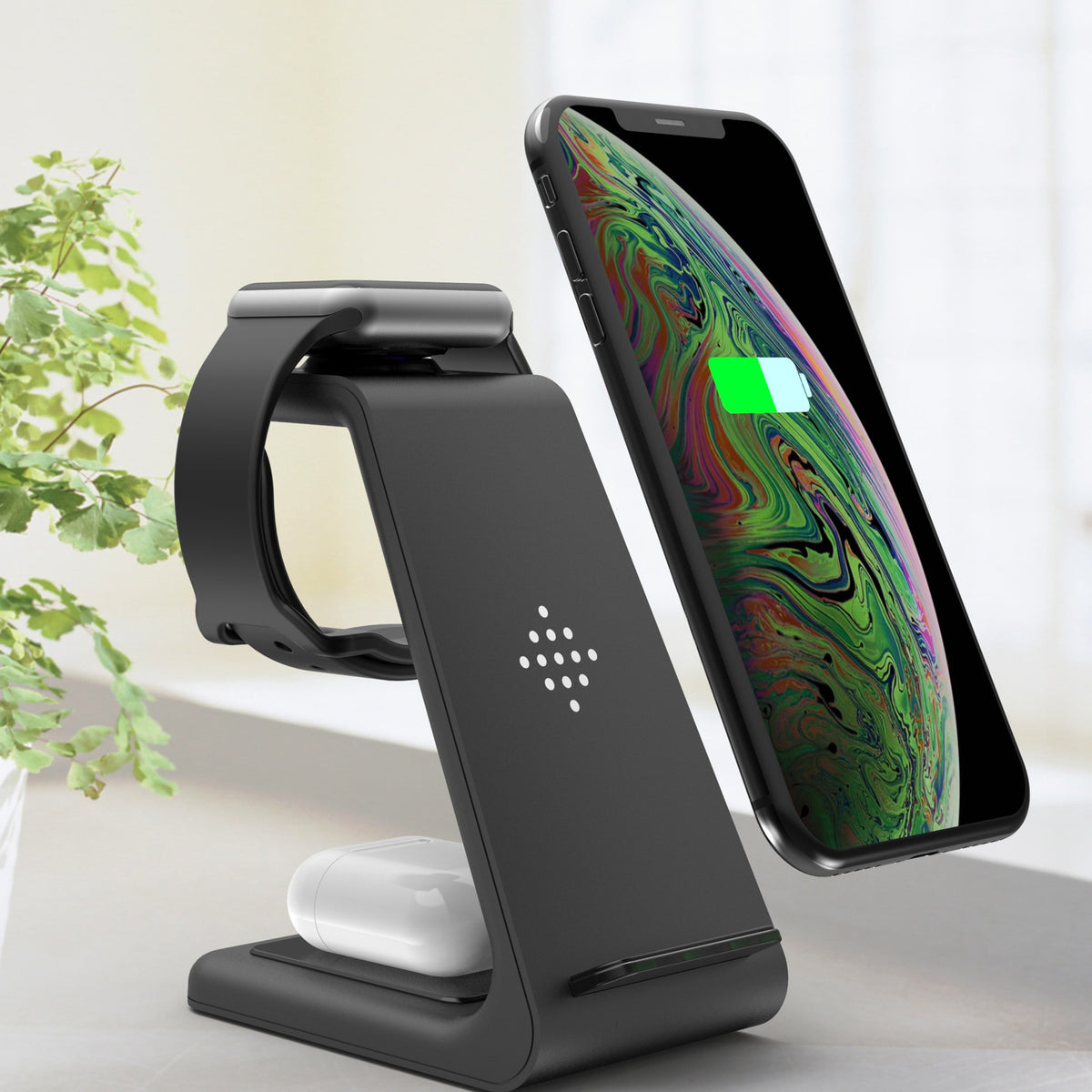 3-in-1 Wireless Charging Station - Phone, Watch & Earbuds Dock - 1Black 1White - front view