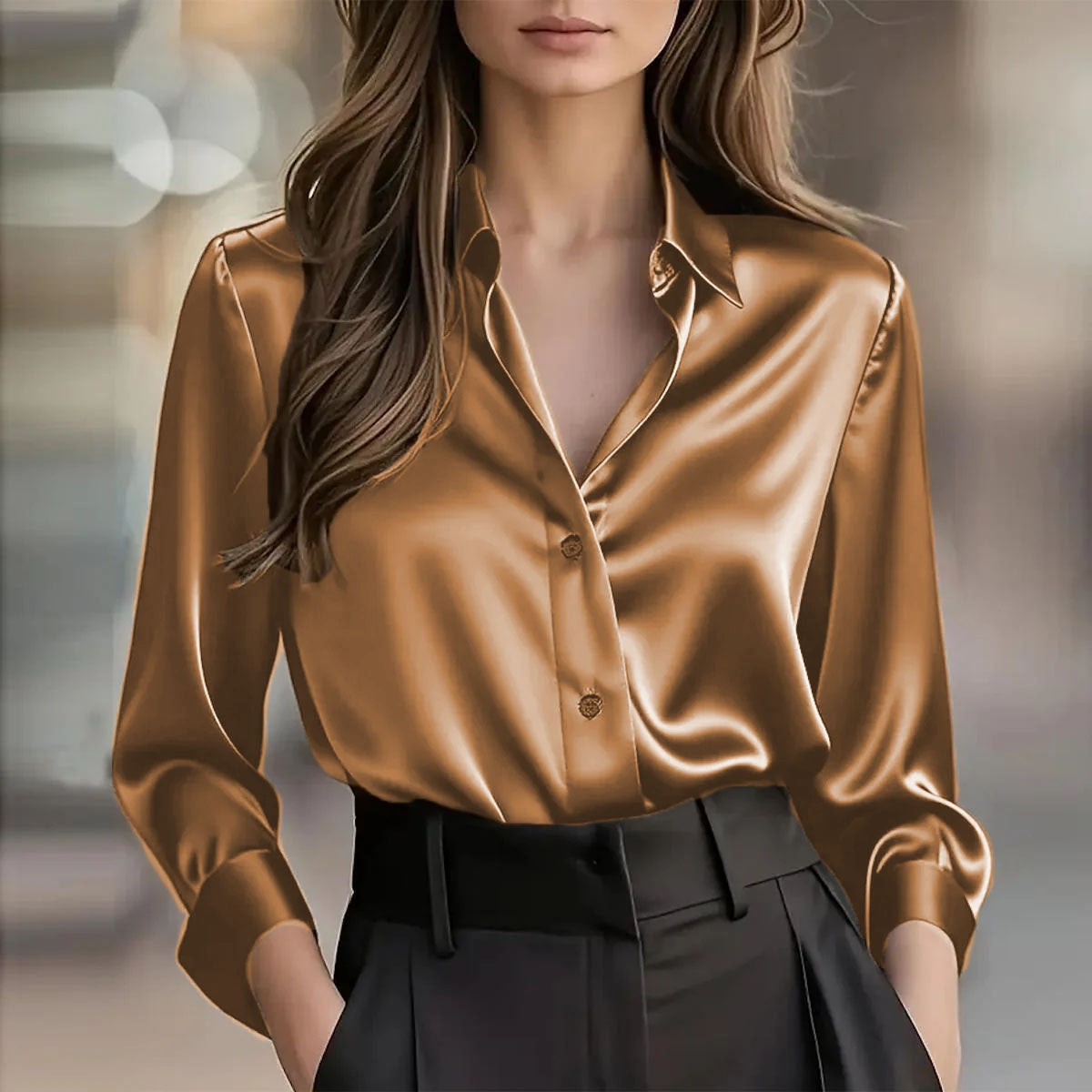 Elegant Satin Long Sleeve Blouse - Button-Up Collar Shirt - size chart