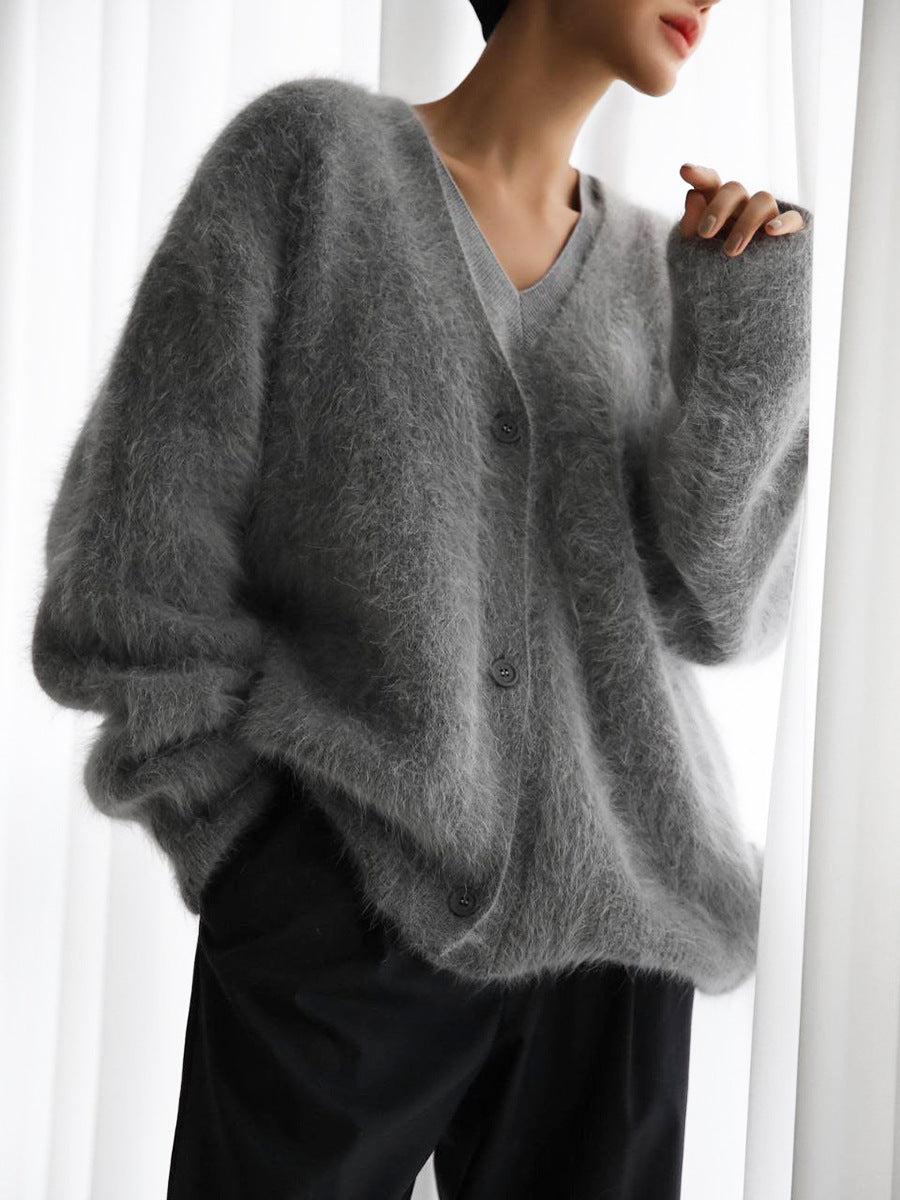 Loose V-Neck Button Cardigan - Knitted Sweater Top - side view