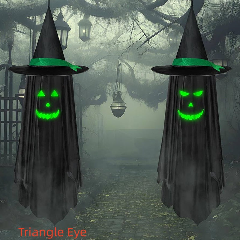Luminous Ghost Wizard Hat Door Hanging - Halloween Decor - in use