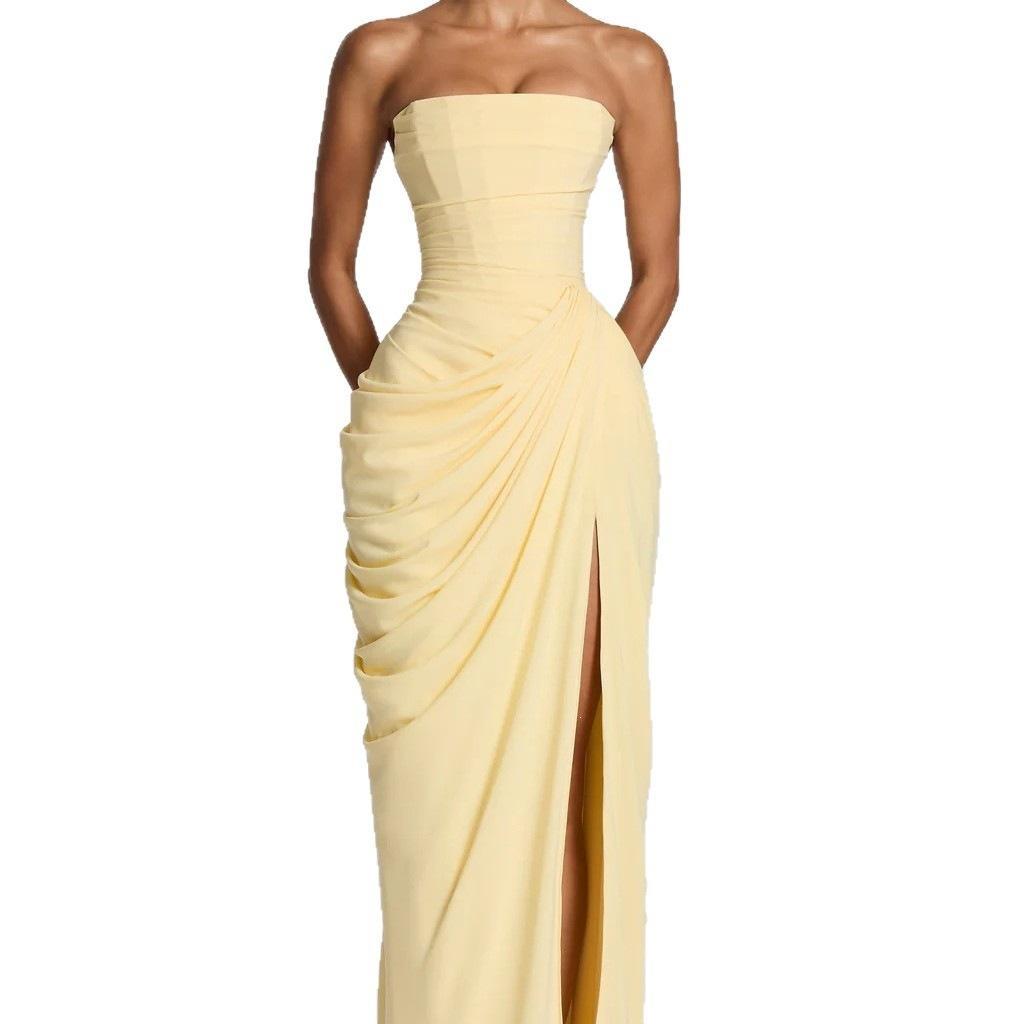 Strapless Pleated Slit Evening Gown - Elegant Party Dress - in use