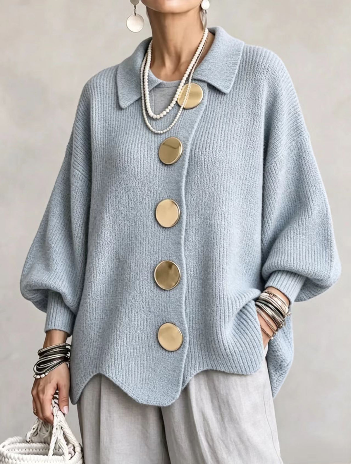 Button-Down Lapel Cardigan - Women's Fall Winter Sweater - feature close-up