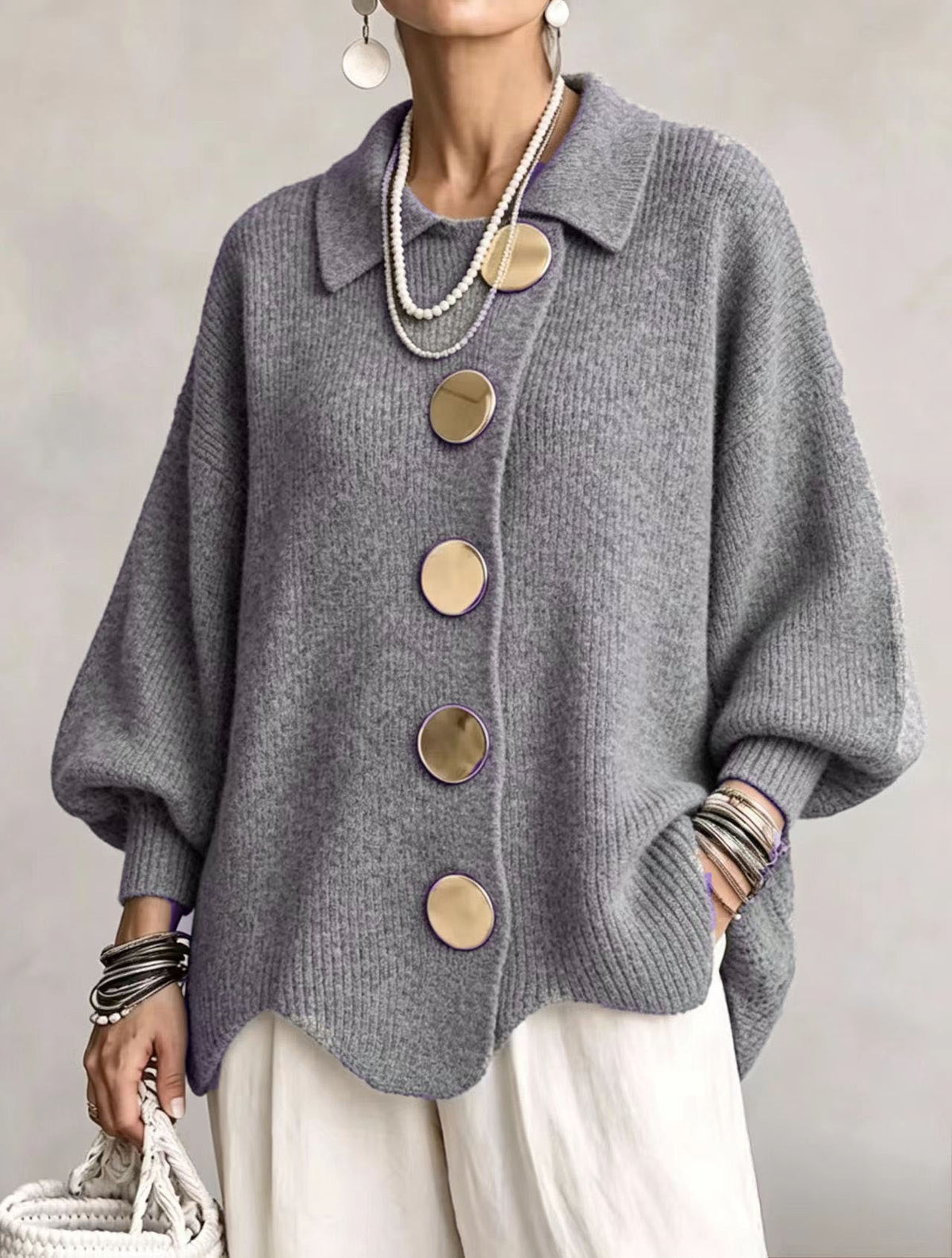 Button-Down Lapel Cardigan - Women's Fall Winter Sweater - side view